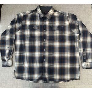 Swiss Tech Flannel Shirt Mens XL Blue Tan Plaid Long Sleeve Excellent‎ Button Up